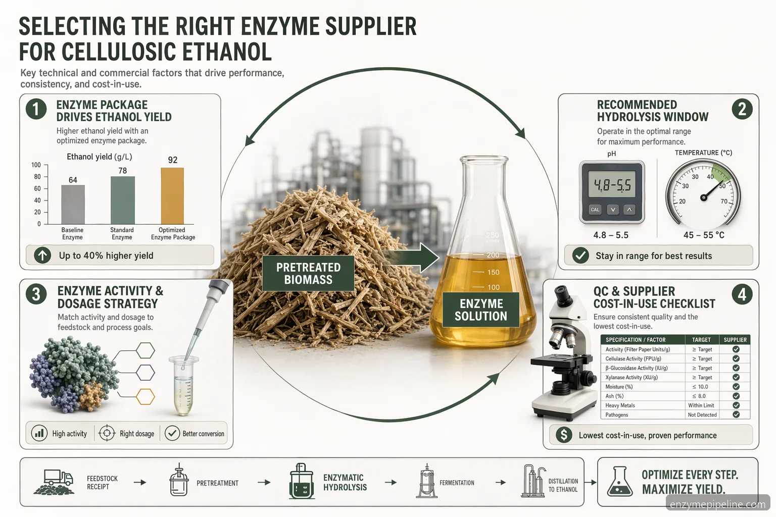 셀룰로오스 에탄올용 biomass enzyme 공급업체 공정 가이드로, 수율, QC, 투입량, 사용 원가를 보여주는 인포그래픽