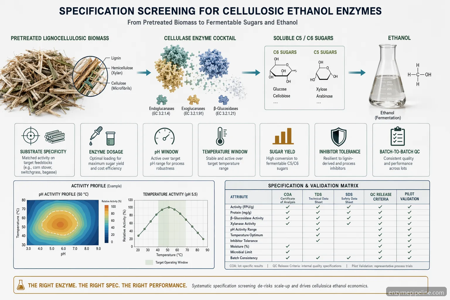 cellulosic ethanol enzyme for cellulosic ethanol-specifikationstjekliste, der viser biomass hydrolysis, pH-screening, dosering og udbytte