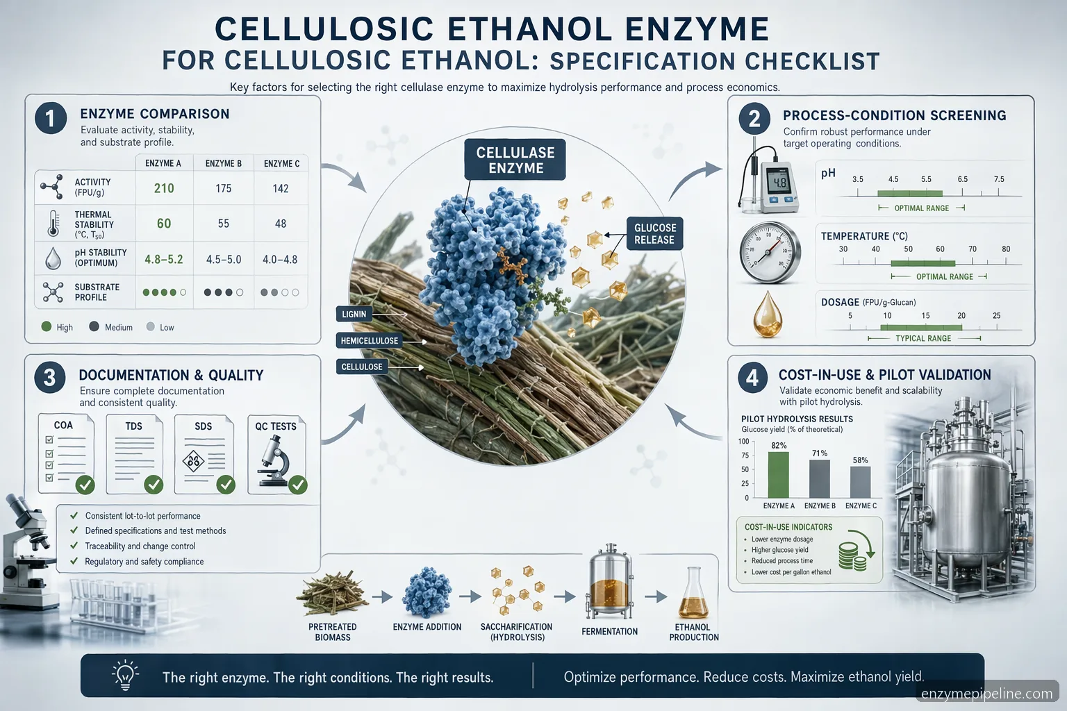 cellulosic ethanol enzyme for cellulosic ethanol-specifikationstjekliste med enzym sammenligning, QC-dokumenter, pris og pilotvalidering