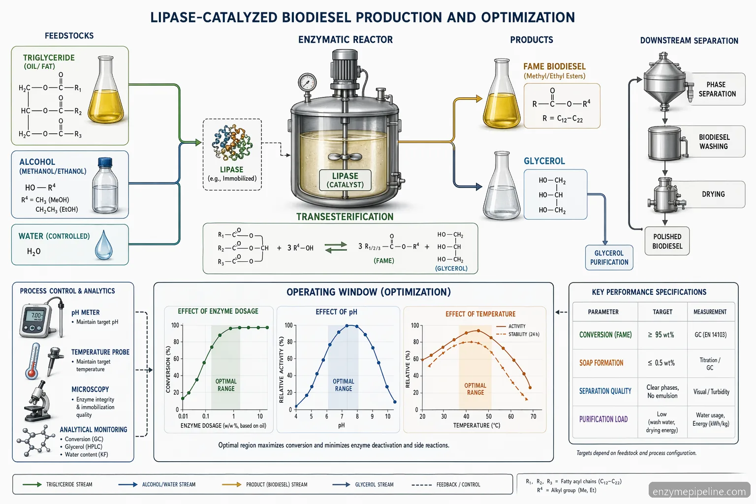 industrial biofuel enzymes biodiesel-driftvinduesdiagram med dosering, pH, temperatur, vand og konverteringsflow