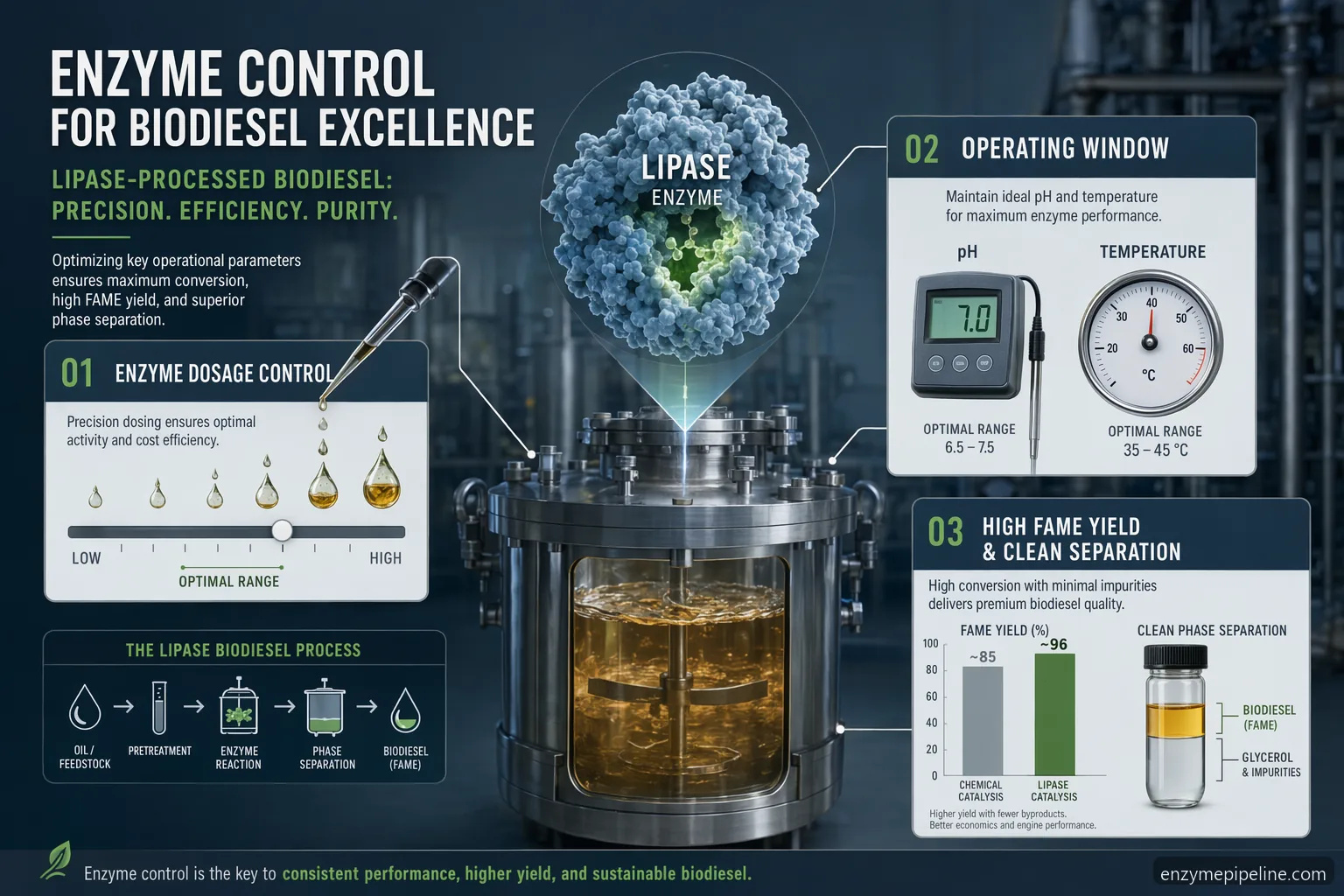 industrial biofuel enzymes biodiesel-doseringsinfografik med lipase, pH, temperatur, vand og FAME-udbytte
