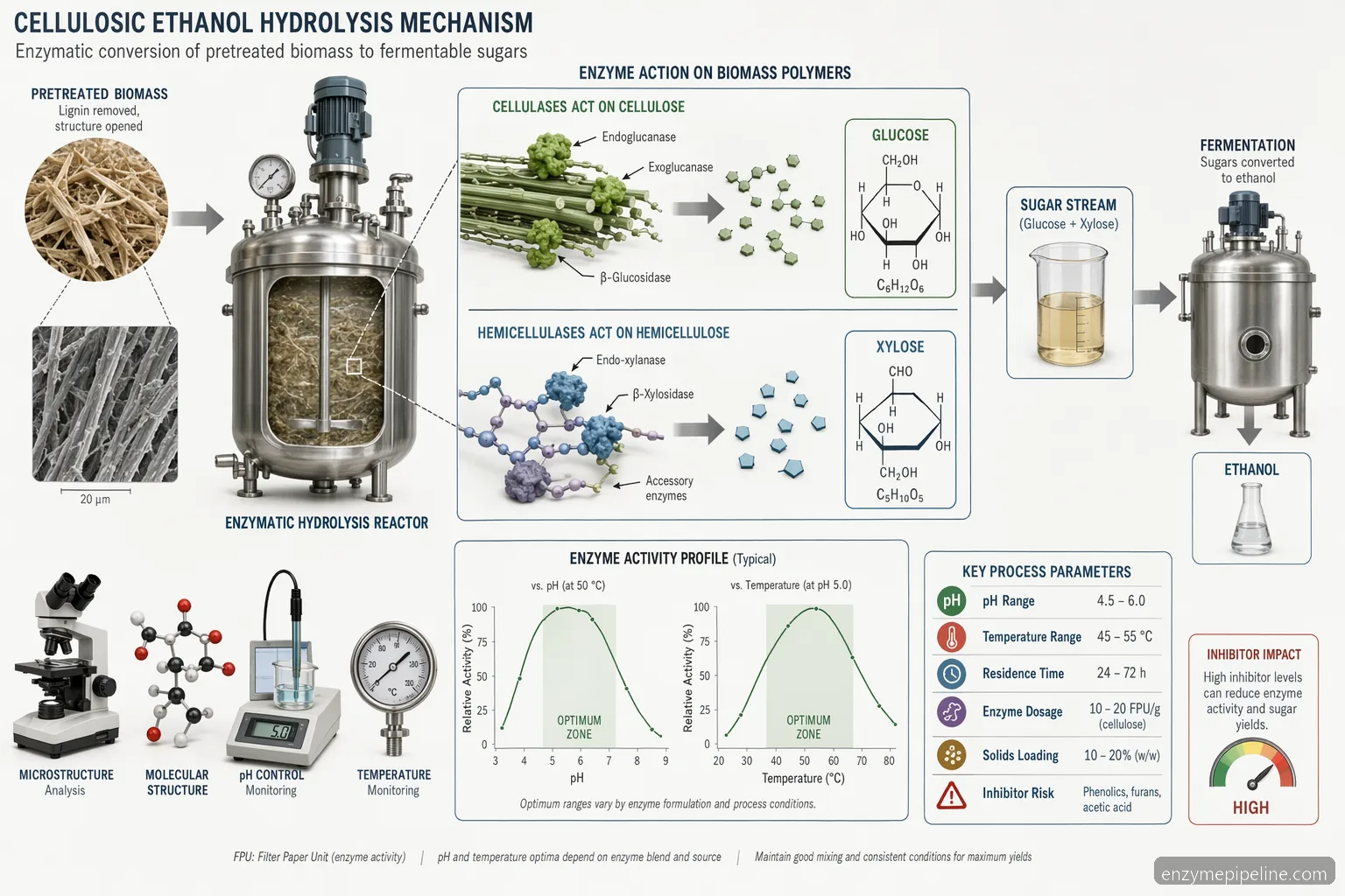 Industrielle Biofuel-Enzyme für cellulosic ethanol: Prozessleitfaden mit Fluss von Vorbehandlung zu Zucker sowie pH- und Temperaturhinweisen