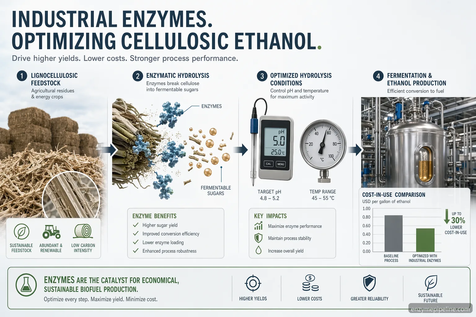Industrielle Biofuel-Enzyme für cellulosic ethanol: Prozessleitfaden mit Biomasse, Hydrolysekontrollen, Pilotvalidierung und Kostenkennzahlen