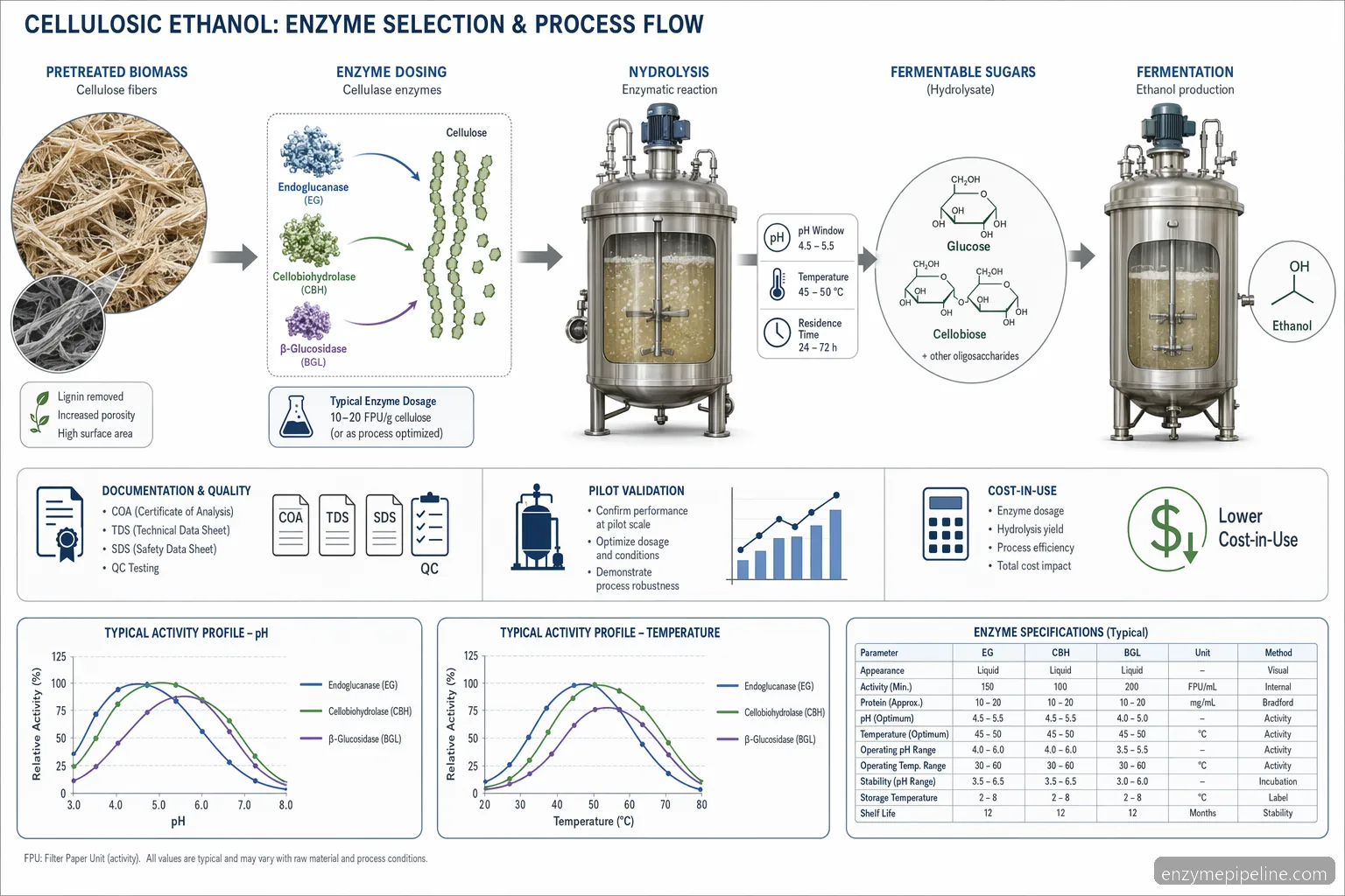 Industrielles Biomasse-Enzym für cellulosic ethanol: Prozessdiagramm der Cellulosehydrolyse zu Zuckern mit pH- und Temperaturkurven