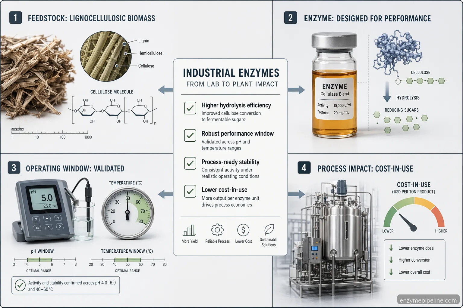 Industrielles Biomasse-Enzym für cellulosic ethanol: Spezifikations-Checkliste mit pH, Temperatur, Dosierung und Lieferanten-QC